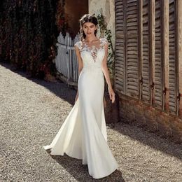 Stunningbride 2024 Modest Soft Satin Bateau Neckline Mermaid Wedding Dresses With Lace Appliques Sheer Sexy Bridal Gowns Illusion Back