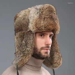 Berets Men Winter Hair Warm Hat Thick Fur Earflap Trapper Russian Cap Bomber Hats Windproof Skiing Earmuffs Caps