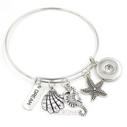 Whole New Arrival 18mm Snap Jewellery Wire Bangle Ocean Beach Sea Shell Starfish Sea Horse Charm Bracelets Bangle Snap Button Br2536