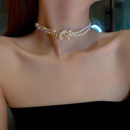 Korean Simple Personality Necklace Diamond Pearl Splicing Short Neck Chain Temperament Fashion Design Jewellery For Woman Chains290n