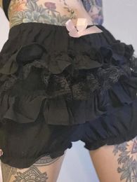 Women's Shorts Women Y2k Lace Splice Lolita Layered Bloomers Cute Ruffle Trim Pumpkin Pants Elastic Waist Mini Short