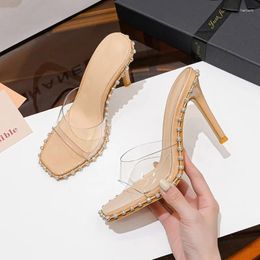 Dress Shoes 2023 Line With Transparent Sandals Women's Head High Heels Sexy Rhinrhinous Open Toe Thin Outside To Wear Slippers