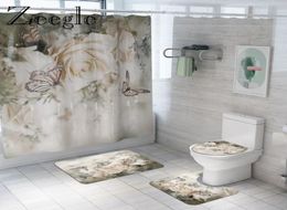 Floral Bath and Curtain Set Antislip Shower Bathroom Foot Rug Home Decoration Toilet Floor Mat 2011197462491