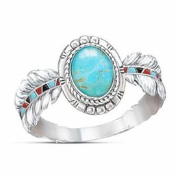 Classical Style 925 Sterling Silver Inlaid Turquoise Eagle Feather Ring Ladies Party Wedding Jewellery Size 6-10261b