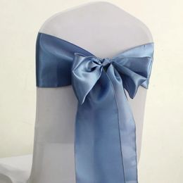 50pcs Dusty Blue Wedding Satin Chair Sashes Silk Ribbon Bows Tie Belts For el Banquet Party Event Knot Sash 231222