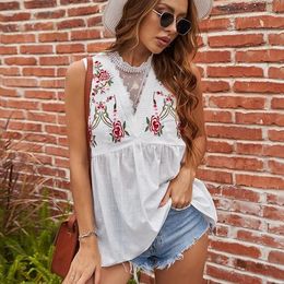 Women's Blouses AYUALIN Casual Lace O-neck Sleeveless Loose Blouse Summer Beach Tanks Tees Lady Vintage Floral Embroidery Women Tops