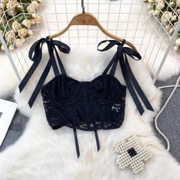 Women's Tanks Spaghetti Strap Tank Top For Women Slash Neck Lace Up Fishbone Bare Midriff Camis Summer Versatile Female Gallus Drop