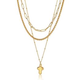 Chains Women Necklace Stack Set Layered Gold Colour Stainless Steel Paperclip Wheat Satellite Link Chain 3pcs Tiny Cross Charm LDN2268m