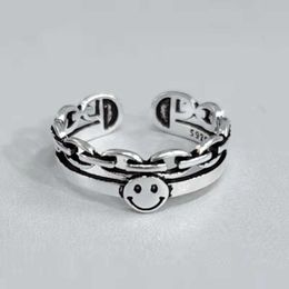 Chaoren double-layer chain ring female Korean Personalised antique Thai silver smiling face open ring headgear