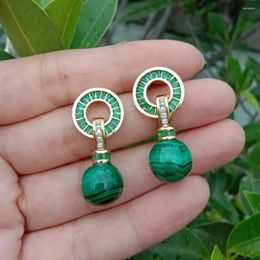 Stud Earrings KKGEM 12mm Natural Green Malachite Round Cz Pave Drop Earring