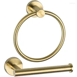 Kitchen Storage Bathroom Hardware Accessories Set Brushed Gold 2 Piece Stainless Steel Wall Mounted Hand Towel Ring Toilet Paper Holder