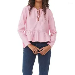 Women's Blouses Strappy Round Neck Ruffle Hem Long Sleeve Cotton Blouse Women Shirt Tops