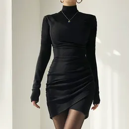 Casual Dresses Women Bodycon Dress Long Sleeve Turtleneck Pleated Irregular Hem Solid Colour Slim Fit Mini For Club Party Khaki/ Black