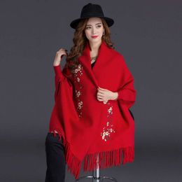 Shawl scarf dual-purpose women's autumn winter long versatile sleeved cloak with thickened plum blossom embroidery and outer cape jacket