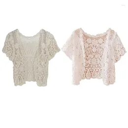 Women's Polos Women Short Sleeve Crochet Shrug Hollow Out Floral Lace Open Front Mini Cardigan N7YE