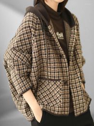 Women's Jackets For Women Hooded Woollen Coats Spring Korean Fashion Bat Sleeve Jacket Vintage Loose Lattice Cardigan Tops Coat