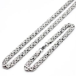 6MM Width Silver Color Fashion Byzantine Flat Chain Jewelry Sets Stainless Steel Necklace & Bracelet For Female Male Jewelry298o