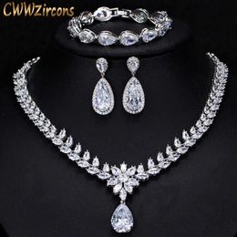 Elegant Women Wedding Jewellery African CZ Crystal Leaf Drop Bridal Necklace Bracelet and Earrings Jewellery Sets T294 210714301Z