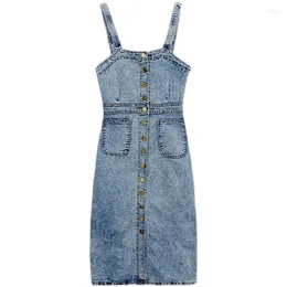 Casual Dresses Korean Single Breasted Y2K Denim Dress Women 2023 Street Style Elegant Slim Fit Knee-length Spaghetti Strap Suspender