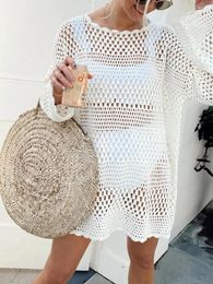 Women's Swimwear Women Long Sleeve Crochet Knit Mini Dress Colourful Bikini Cover Ups Sexy Hollow Out Beach Tunic