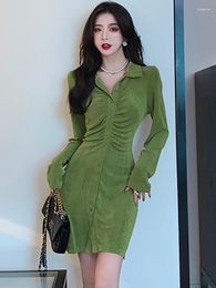 Casual Dresses Green Long Sleeve Polo Collar Bodycon Women's Clothes Autumn Winter Elegant Party And Events 2023 Korean Luxury Vestidos