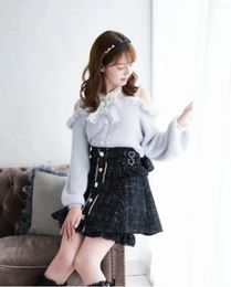 Women's Knits Japanese Lolita Sexy Strapless Long Sleeve Sweater Coat For Women 2023 Spring Super Sweet Bow Furry Knitted Cardigan