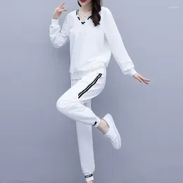 Women's Two Piece Pants Spring And Autumn Pullover V-neck Solid Colour Patch Screw Thread Long Sleeve Fashion Elegant Casual Commuting Suit