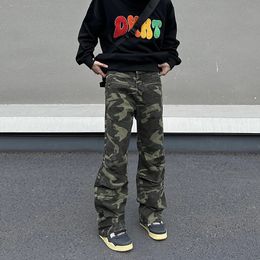 Retro Washed Camouflage Cargo Pants Flare Men High Street Hip-hop Zipper Flare Y2k Pants Slim Fit Trousers