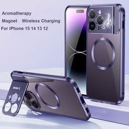 For iPhone 15 Pro MAX Case Magnetic Wireless Charger 13 14 Plus Aluminum Alloy Bumper Lens Holder Clear Cover Luxury