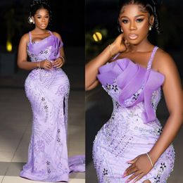 Purple Aso Ebi Prom Dresses Halter Lace Beaded Evening Formal Dress for Special Occasions African Black Women Birthday Party Gowns Second Reception Gown ST698