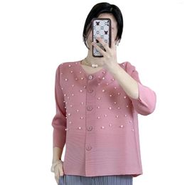 Women's T Shirts Miyake Pleated Coat Female 2023spring Beaded Fashion Loose Cardigan Top Temperament Versatile Short Jacket