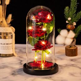 Decorative Flowers Led Galaxy Rose Eternal Flower With Fairy String Lights 3 Head Flannel Artificial In Dome For Valentine'S Day Gift