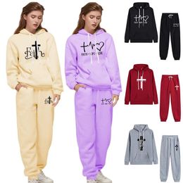 Sweatshirts 2023 Jesus Crucifix Faith Printed Pant Sets Women Hoodie Sweatpants Solid Color Tracksuit Ladies Daily Casual Sport Jogging Suit