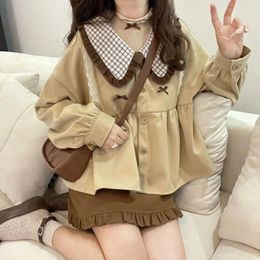Work Dresses Autumn And Winter Set For Female Students Korean Japanese Girl Doll Collar Stitching Lace Coat Skirt Two-piece