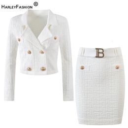 Brand Fall Women Stretch Knit Two Piece Sets Texture Pattern Long Sleeve Cardigan Sweater Tops Slim Skirt Belt 2 Colour Option OL 231225