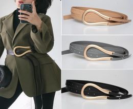 Fashion Women Gold Metal Belts Curved Large Horseshoe U Buckle Microfiber Leather Double Belt For Coat Dress Sweater ps0582 559 T21898690