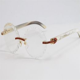 Selling Red Big Stones Rimless sunGlasses 3524012 White Genuine Horn Buffalo Horn Glasses Oversized Round Eyewear Designer Mens Wo183D