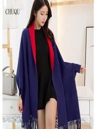 Scarves Navy Red Thick Warm Winter Poncho Luxury Shawl And Wraps For Ladies Faux Cashmere Solid Tassel Capes With Sleeves14370207