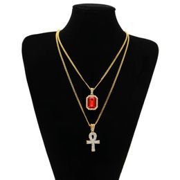 Egyptian Ankh Key of Life Bling Rhinestone Cross Pendant With Red Ruby Pendant Necklace Set Men Hip Hop Jewelry290Z