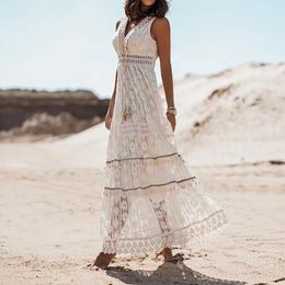 Casual Dresses Summer Women's Bohemian Holiday Lace Sleeveless Long Dress White Hollow Out Embroidery Sundress Elegant Evening Party Robes