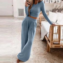 Running Sets Autumn Blouse Pants Set Solid Color Short Top Long Sleeves Round Neck Soft High Waist Wide Leg Crew Women Tracksuit