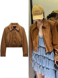 Women's Jackets Autumn And Winter Oil Wax Jacket Pure Colour Casual Coat Zipper Loose Pocket Short Office Vintage