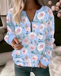 Women's Hoodies Round Neck Zippered Sports Shirt With Multiple Elements Printed On Tops. Unique Design For Trendy Thin