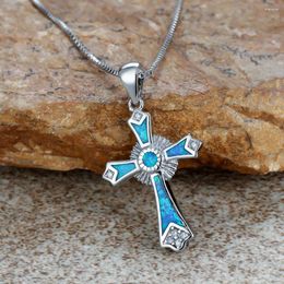 Pendant Necklaces Religious Big Cross Blue White Fire Opal For Women Zircon Silver Color Lucky Birthday Party Jewelry Gifts