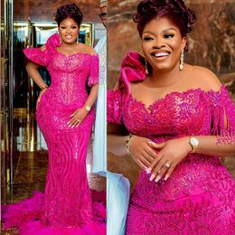 Fuchsia Plus Size Aso Ebi Prom Dresses for Special Occasions Mermaid Illusion Lace Beading Evening Formal Dresses for African Black Women Birthday Party Gowns ST704