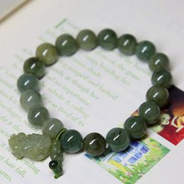 Trendy Natural 10mm Jadeite Bracelet Oil-green Pixiu Men and Women Charm Bracelets DIY Beads Accessories Birthday Gift Whole246z