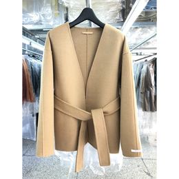 Winter Autumn Elegant Loose With Belt Wool Coats Women Korean Style Fashion Casual Long Sleeve V-Neck Camel Ladies Jackets 231225