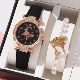 Wristwatches 2 PCS Watch Bracelet Set Female 2023 Luxury Ladies Quartz Wristwatch Women Watches Clock Gift Leather Strap