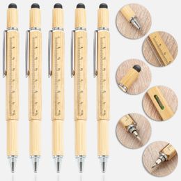 6 In 1 Bamboo Pen Multifunction Screwdriver Precision Ruler Calliper Ballpoint Pens For Phone Touch stylus Level Metre