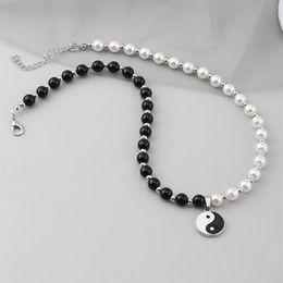 Chokers Round Pearl Beads Yin Yang Taichi Pendant Stainless Steel Chain Unisex Necklace Couple Jewellery Women Mens261V